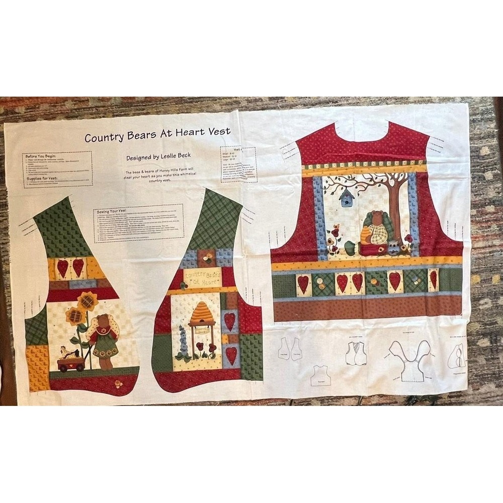 Cranston Country Bears At Heart Vest Fabric Panel 36x55.5 Cotton Quilt Sewing